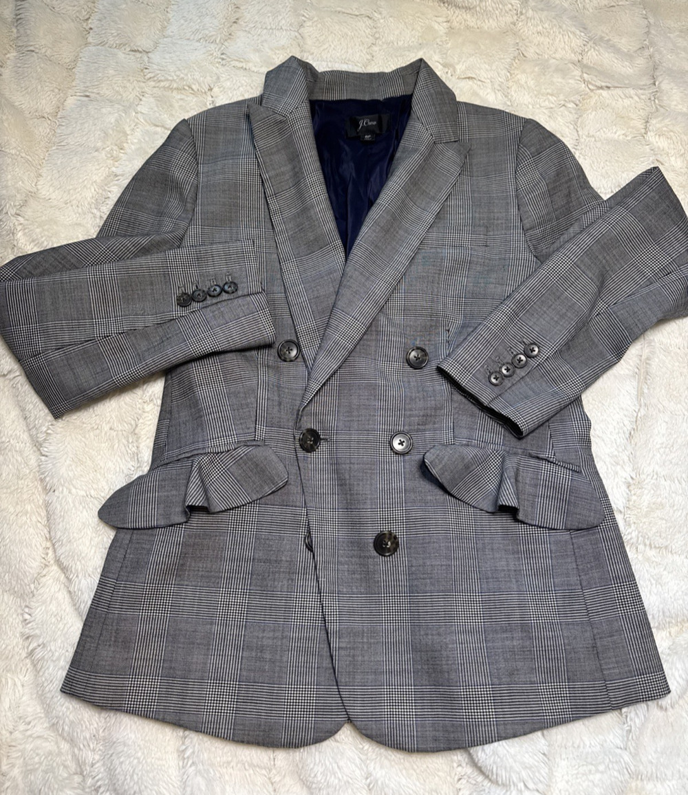 J Crew Blazer Glen Plaid Wool Ruffle Pocket Gray Double Breast Womens 6P Blazer